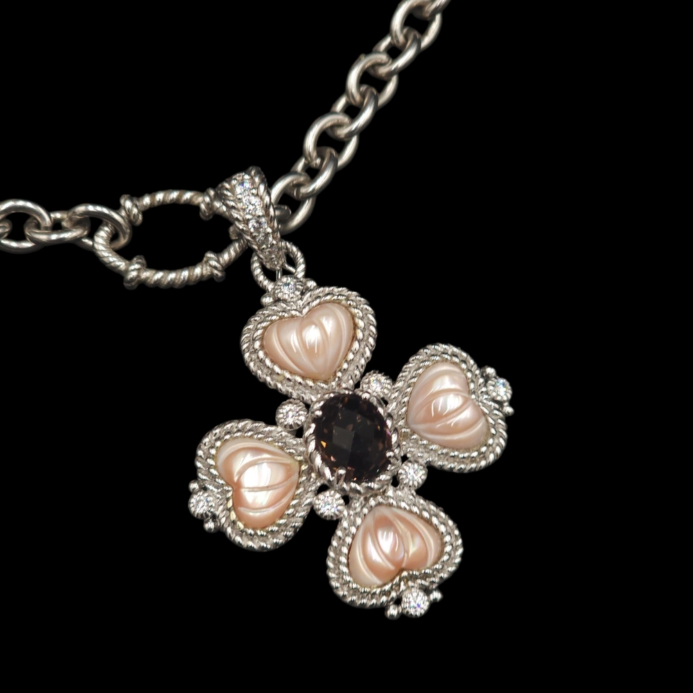 Judith Ripka 925 SS Pink Quartz Smokey Quartz CZ Maltese Cross Pendant/ Necklace